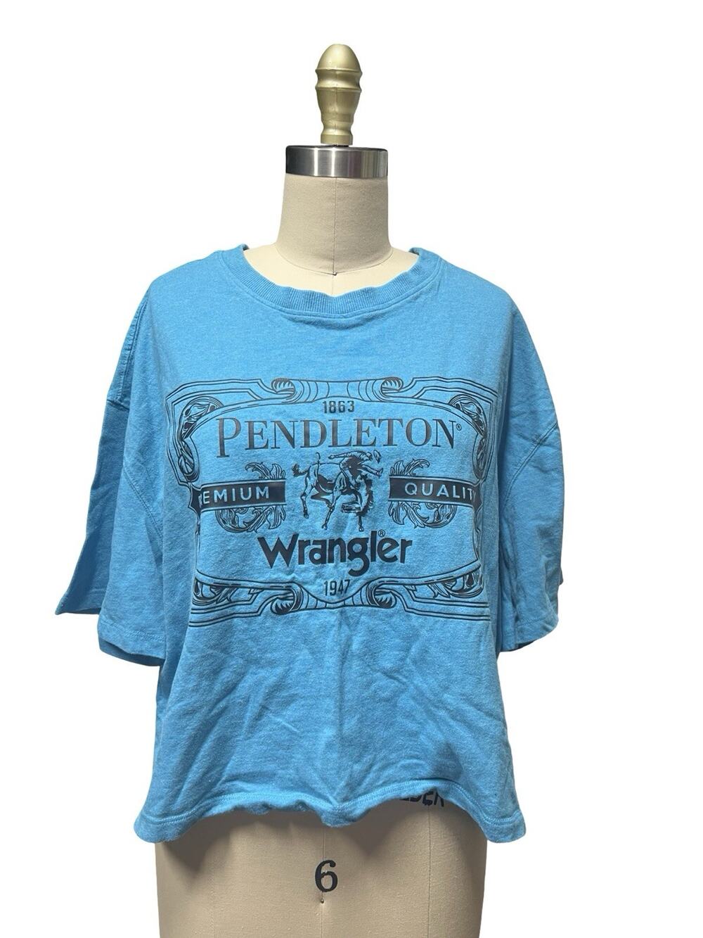 Pendleton Wrangler Blue Boxy Crop Top T-shirt Western Hipster Relaxed Fit SZ M